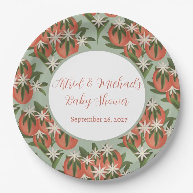 Little Cutie Clementine Sage Neutral Baby Shower Paper Plates (Front)