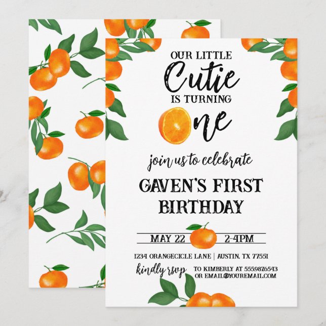 Little Cutie First Birthday Orange Watercolor Invitation (Front/Back)