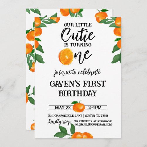 Little Cutie First Birthday Orange Watercolor Invitation