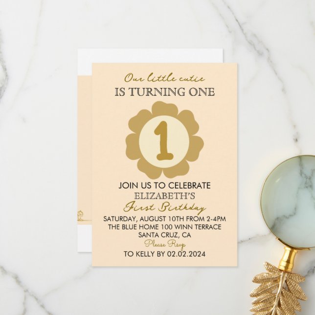Little Cutie Gold Floral 1st Birthday Invitation C (Front/Back In Situ)