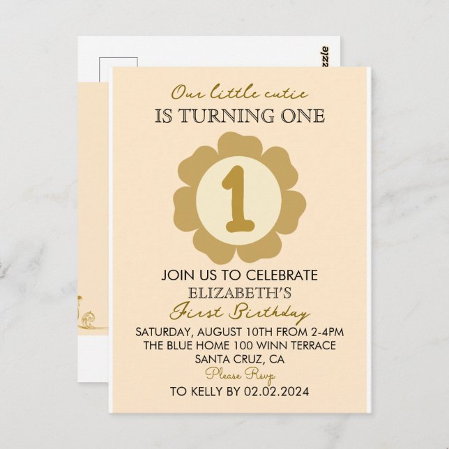 Little Cutie Gold Floral 1st Birthday Invitation C Postcard (Front/Back)