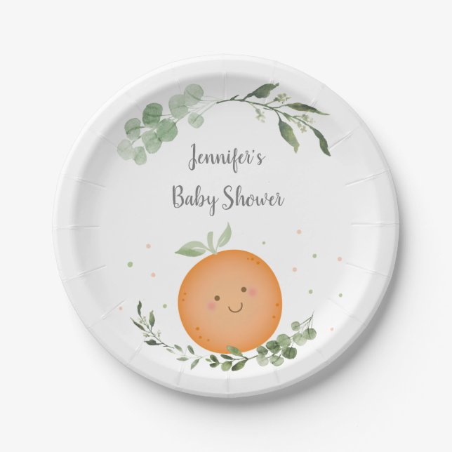 Little Cutie Greenery Baby Shower Paper Plates (Front)