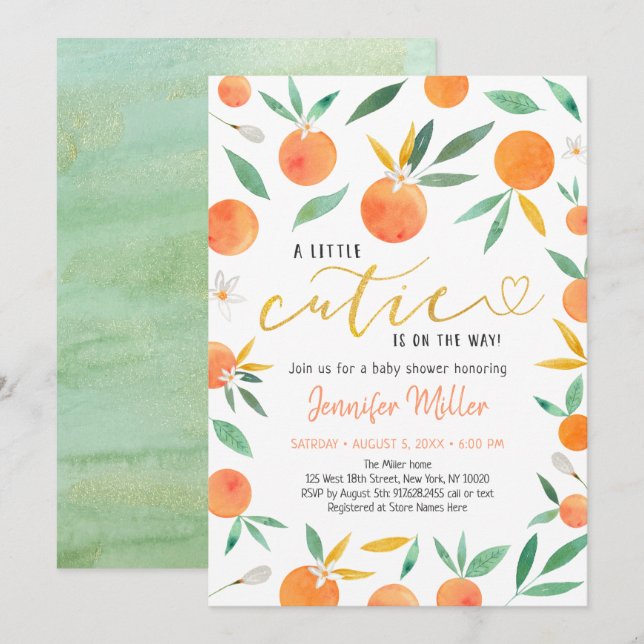 Little Cutie Greenery Gold Baby Shower Invitation (Front/Back)
