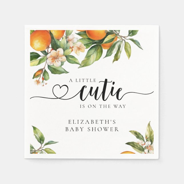 Little Cutie Greenery Orange Baby Shower Napkins (Front)