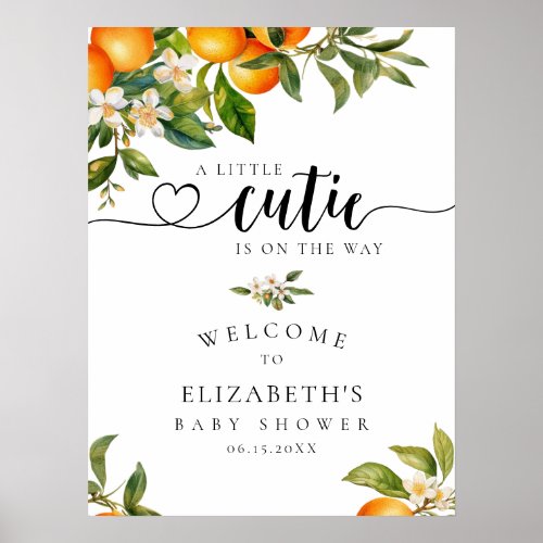 Little Cutie Greenery Orange Baby Shower Welcome Poster