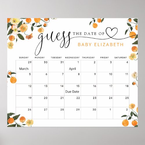 Little Cutie Guess Baby Due Date Calendar Poster