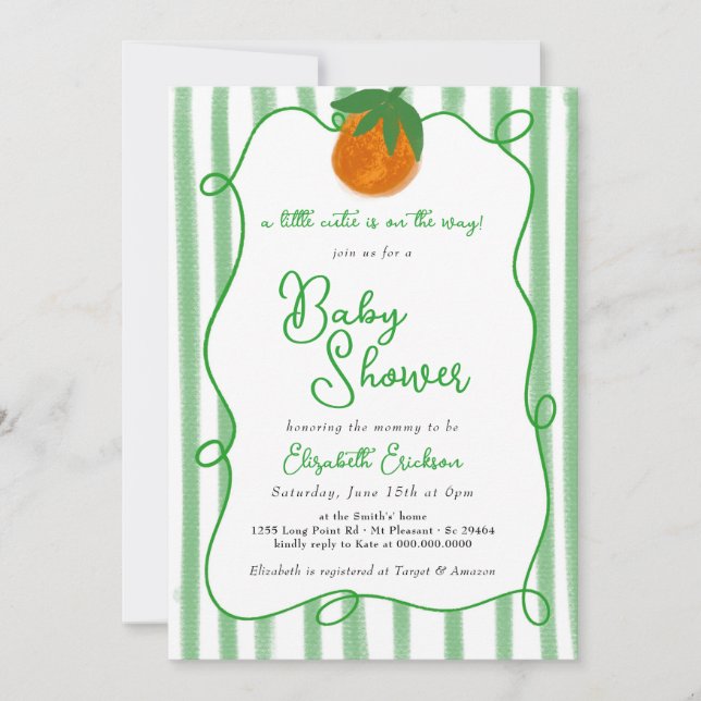 Little Cutie Hand-drawn Citrus Orange Baby Shower Invitation (Front)