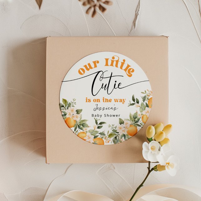 Little cutie is on the way baby shower classic round sticker (Creator Uploaded)