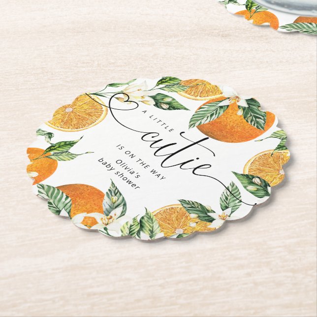Little cutie is on the way baby shower paper coaster (Angled)