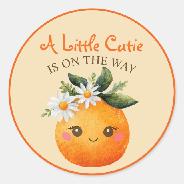 Little Cutie Is On The Way Citrus Baby Shower Classic Round Sticker (Front)