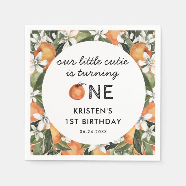 Little Cutie Is Turning One 1st Birthday Party  Napkins (Front)