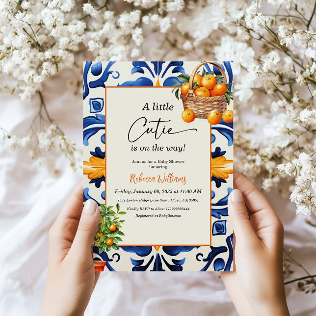 Little Cutie Italian Blue Tile Citrus Baby Shower Invitation (Creator Uploaded)