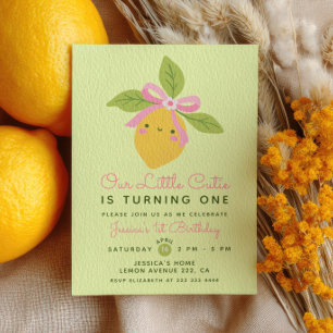 Little Cutie Lemon Fruit Green 1st Birthday Party Invitation