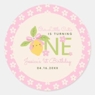 Little Cutie Lemon Fruit Pink 1st Birthday Party Classic Round Sticker