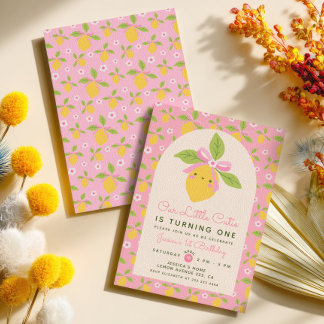 Little Cutie Lemon Pink Baby Girl 1st Birthday Invitation
