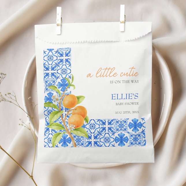 Little Cutie | Mediterranean Clementine Blue Tiles Favor Bag (Little cutie is on the way | Baby Shower Favor Bag)