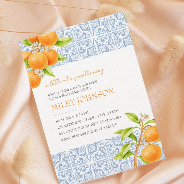 Little Cutie Mediterranean Tile Orange Baby Shower Invitation (Little cutie is on the way)