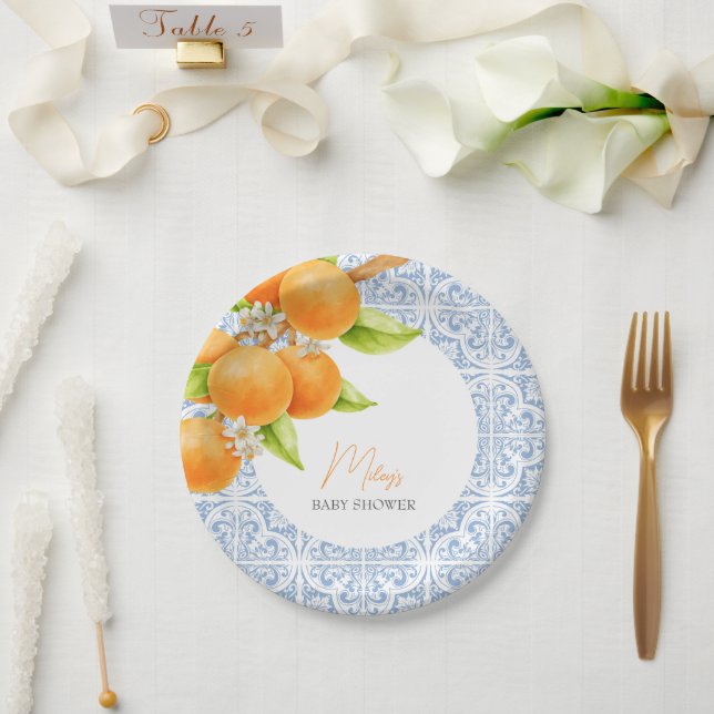 Little Cutie Mediterranean Tiles Baby Shower Paper Plates (Wedding)