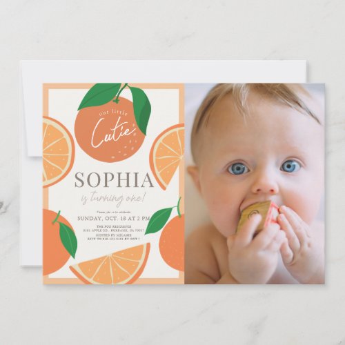 Little Cutie Modern Orange 1st Birthday Photo Invitation