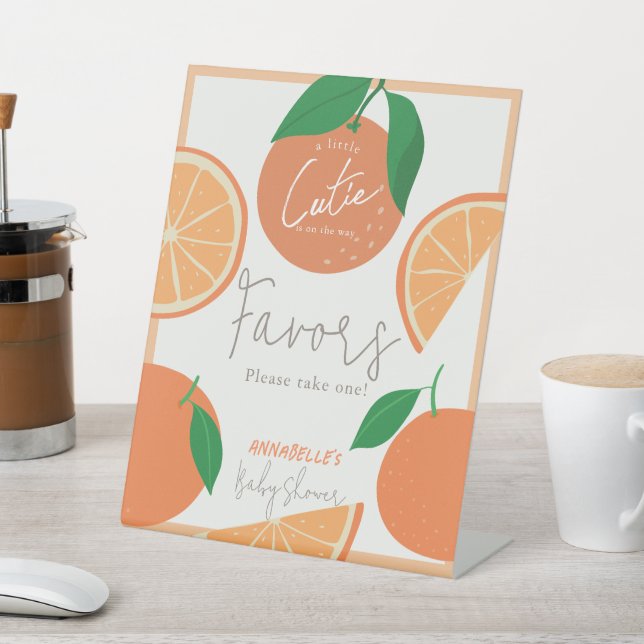 Little Cutie Modern Orange Baby Shower Favors Pedestal Sign (In SItu)