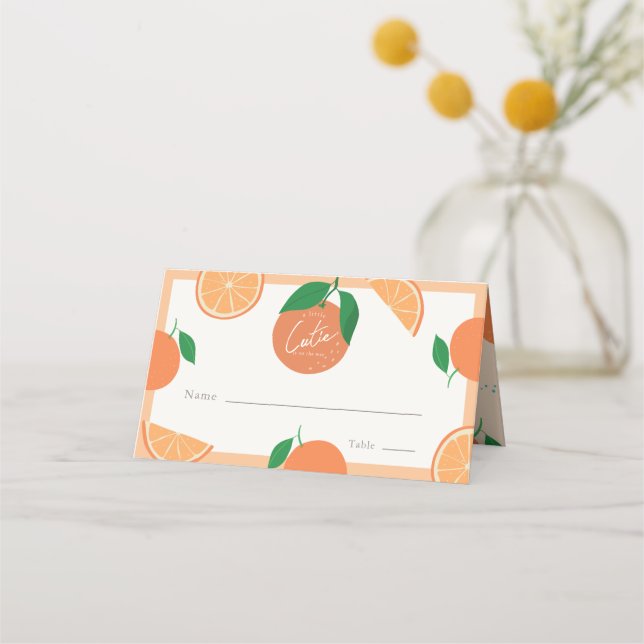 Little Cutie Modern Orange Baby Shower Place Card (Front)