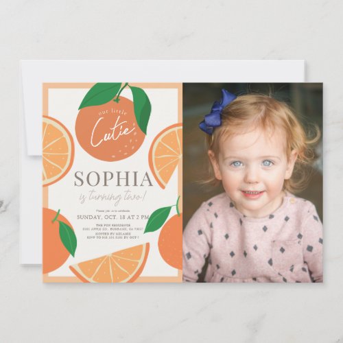 Little Cutie Modern Orange Girl Birthday Photo Invitation