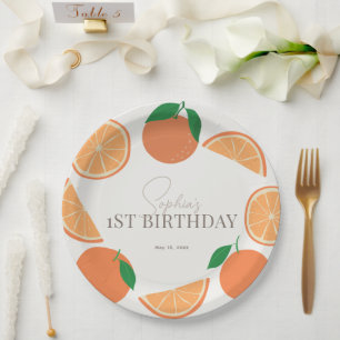 Little Cutie Modern Orange & Orange Slice Birthday Paper Plates