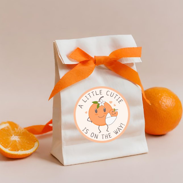 Little Cutie On the way | Cute Orange Baby Shower  Classic Round Sticker (Creator Uploaded)