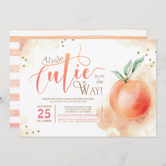 Little Cutie On The Way Peach Baby Shower Invitation (Front/Back)