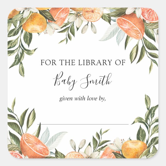 Little Cutie Orange Baby Shower Bookplate Sticker (Front)