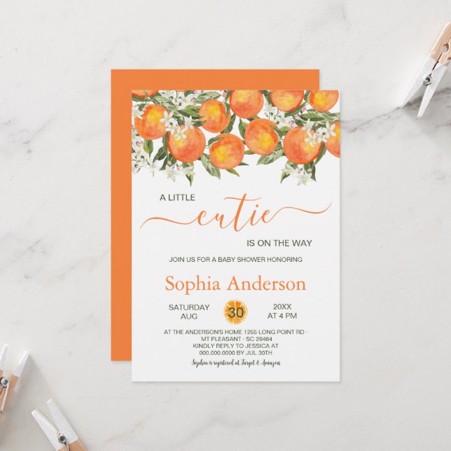 Little Cutie Orange Baby Shower Invitation (Front/Back In Situ)