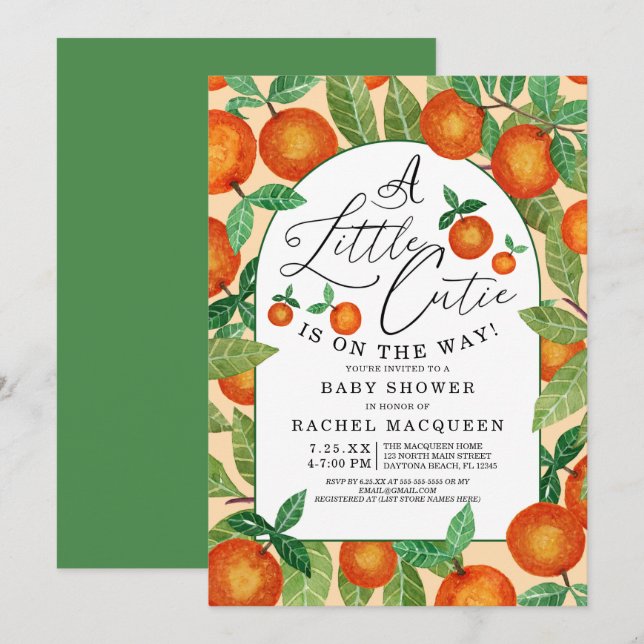 Little Cutie Orange Botanical Fruit Baby Shower Invitation (Front/Back)
