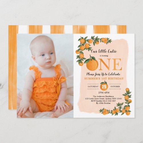 Little Cutie Orange Citrus 1st Birthday Photo Invitation