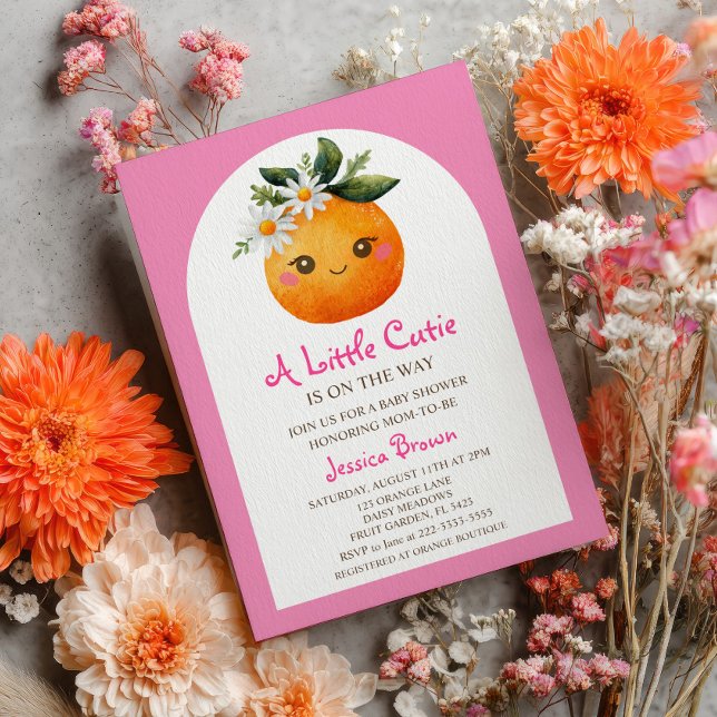 Little Cutie Orange Citrus Pastel Pink Baby Shower Invitation (Creator Uploaded)