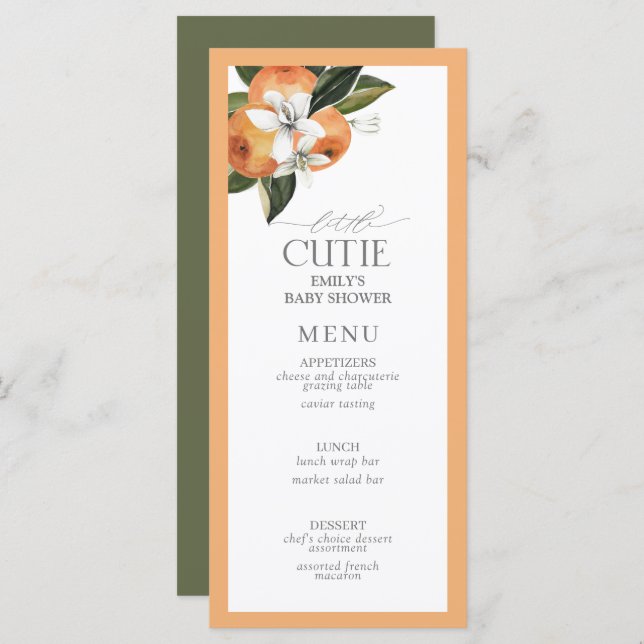 Little Cutie Orange Citrus Watercolor Shower Menu (Front/Back)