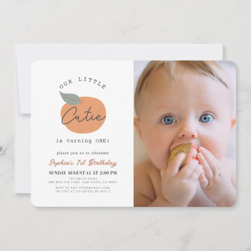 Little Cutie Orange Clean 1st Birthday Photo Invitation