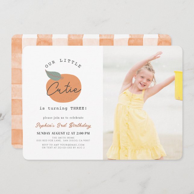 Little Cutie Orange Clean Birthday Photo Invitation (Front/Back)