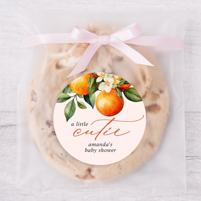Little Cutie Orange Clementine Baby Shower Favor Classic Round Sticker (Creator Uploaded)