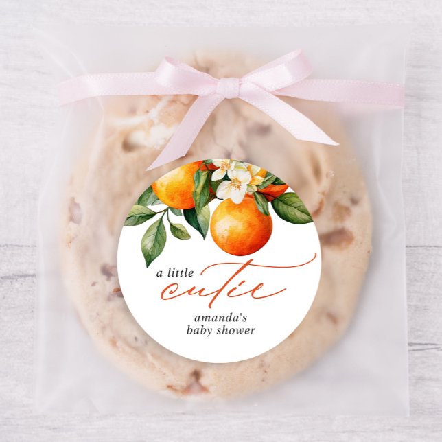 Little Cutie Orange Clementine Baby Shower Favor Classic Round Sticker (Creator Uploaded)