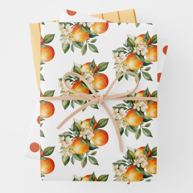 Little Cutie Orange Clementine Dots Baby Shower Wrapping Paper Sheets (In situ)