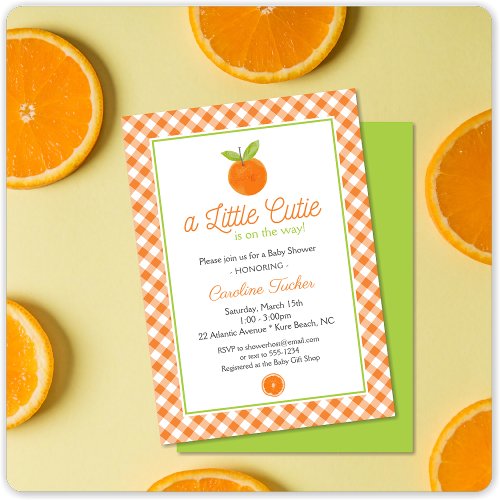Little Cutie Orange Clementine Gingham Baby Shower Invitation