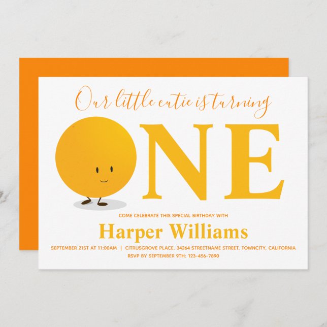 Little Cutie Orange First Birthday Invitation (Front/Back)