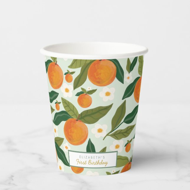 Little Cutie Orange First Birthday Paper Cups (Front)