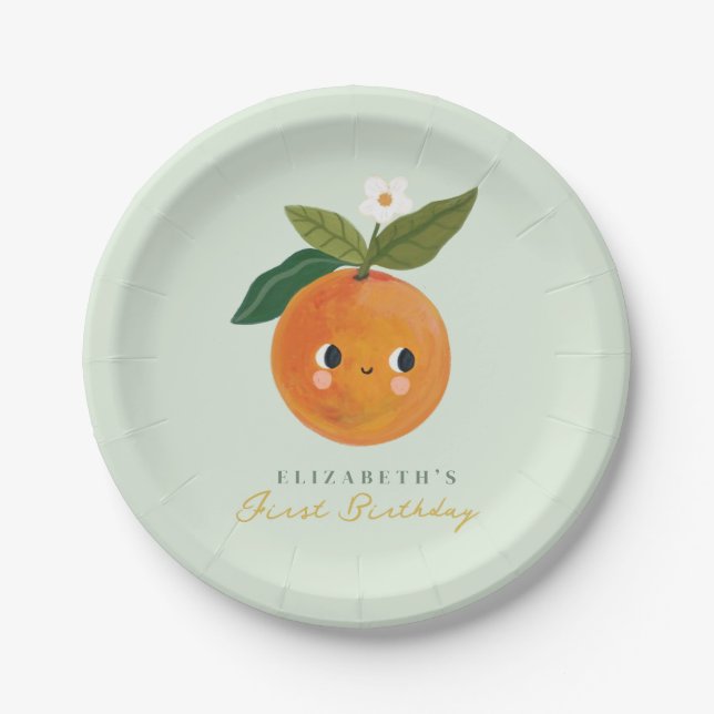 Little Cutie Orange First Birthday Paper Plates (Front)