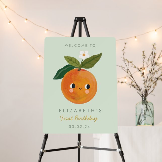 Little Cutie Orange First Birthday Welcome Sign (In Situ (Stand))
