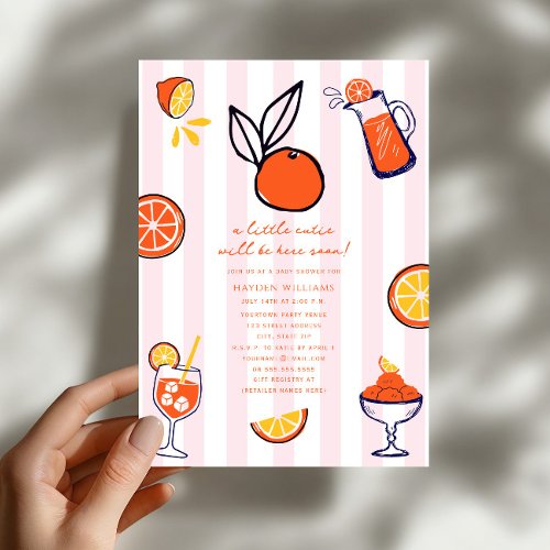 Little Cutie Orange Fruit Doodle Girl Baby Shower Invitation