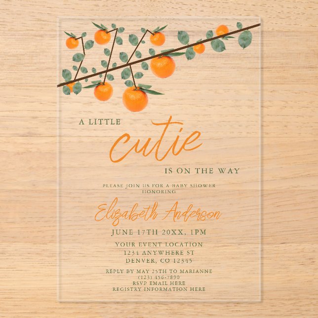 Little Cutie Orange Gender Neutral Baby Shower Acrylic Invitations (Front)