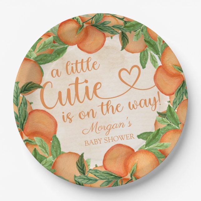 Little Cutie Orange Gender Neutral Baby Shower Paper Plates (Front)