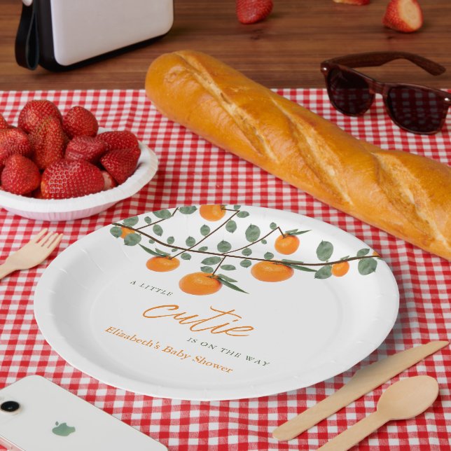 Little Cutie Orange Gender Neutral Baby Shower Paper Plates (Picnic)