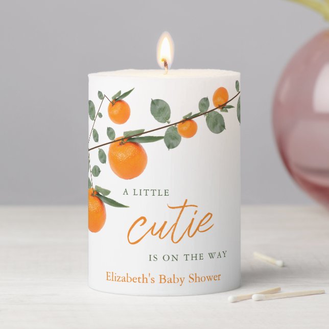 Little Cutie Orange Gender Neutral Baby Shower Pillar Candle (In Situ)